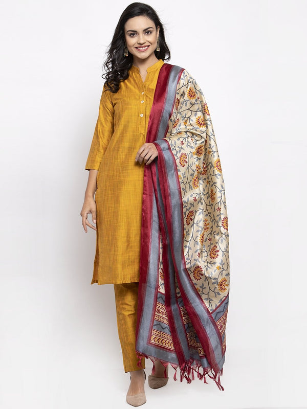Jompers Women Yellow Self-Striped Kurta with Trousers & Art Silk Dupatta - Distacart