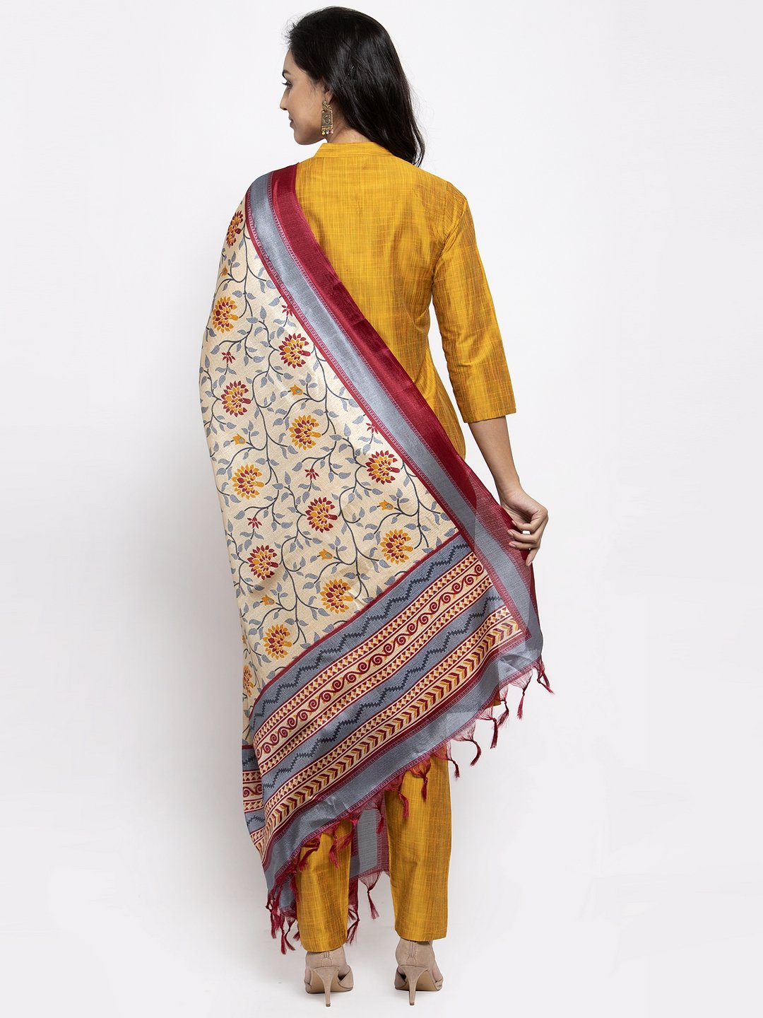 Jompers Women Yellow Self-Striped Kurta with Trousers & Art Silk Dupatta - Distacart
