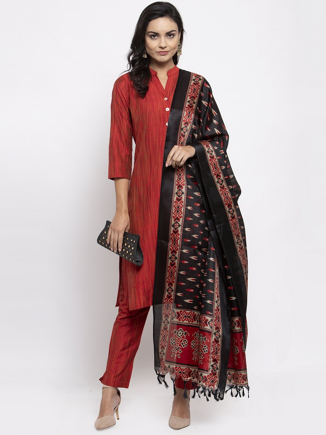 Jompers Women Red Self-Striped Kurta with Trousers & Art Silk Printed Dupatta - Distacart