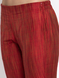 Thumbnail for Jompers Women Red Self-Striped Kurta with Trousers & Art Silk Printed Dupatta - Distacart