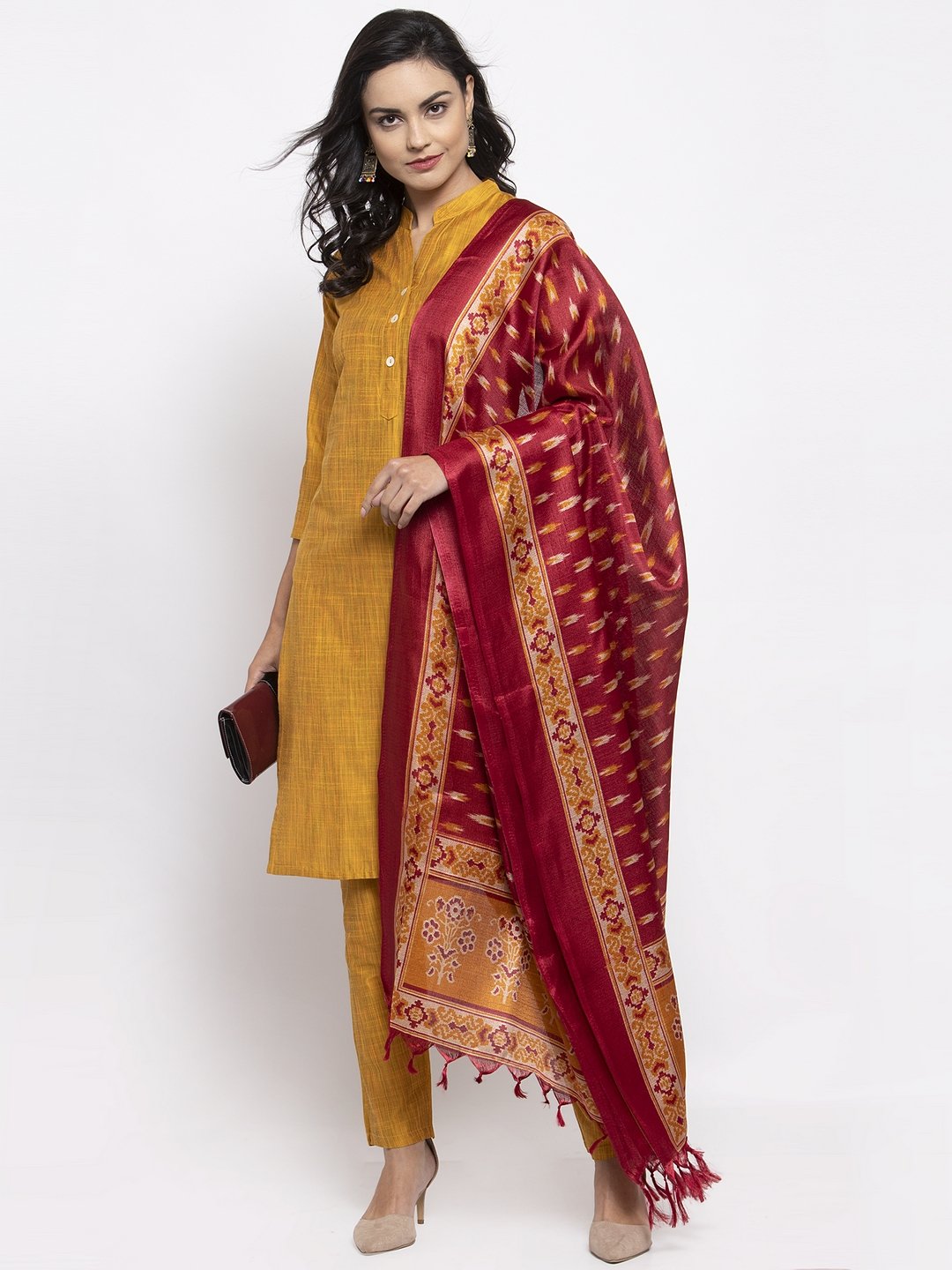 Jompers Women Yellow Self-Striped Kurta with Trousers & Art Silk Printed Dupatta - Distacart