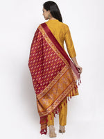 Thumbnail for Jompers Women Yellow Self-Striped Kurta with Trousers & Art Silk Printed Dupatta - Distacart