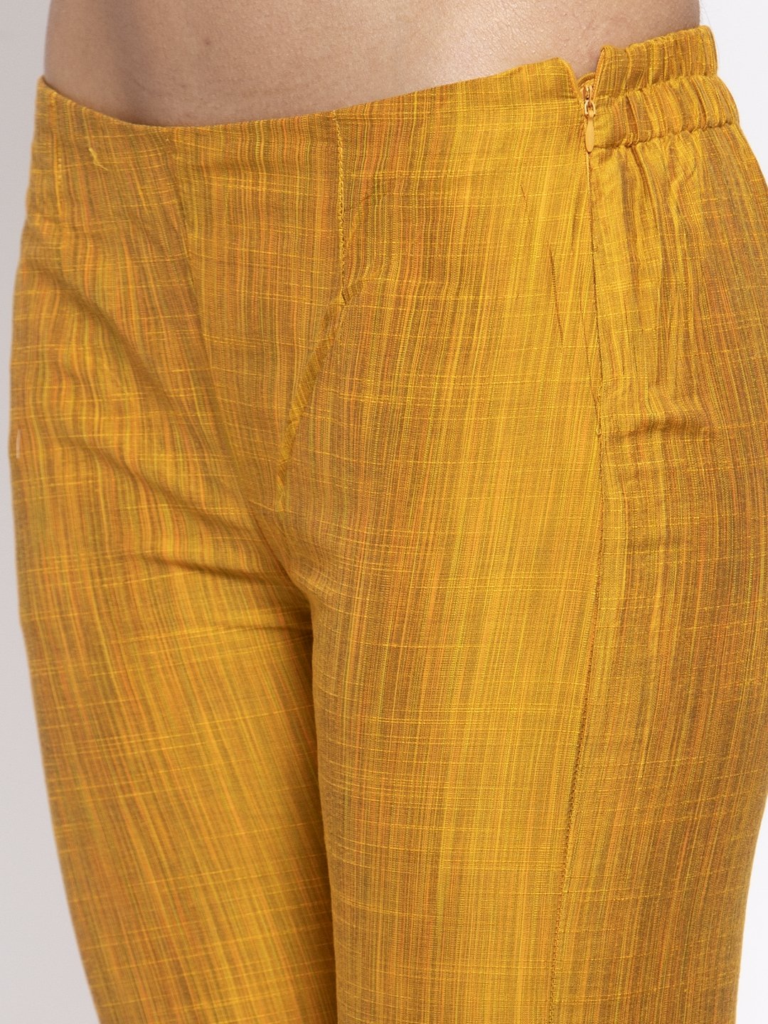 Jompers Women Yellow Self-Striped Kurta with Trousers & Art Silk Printed Dupatta - Distacart
