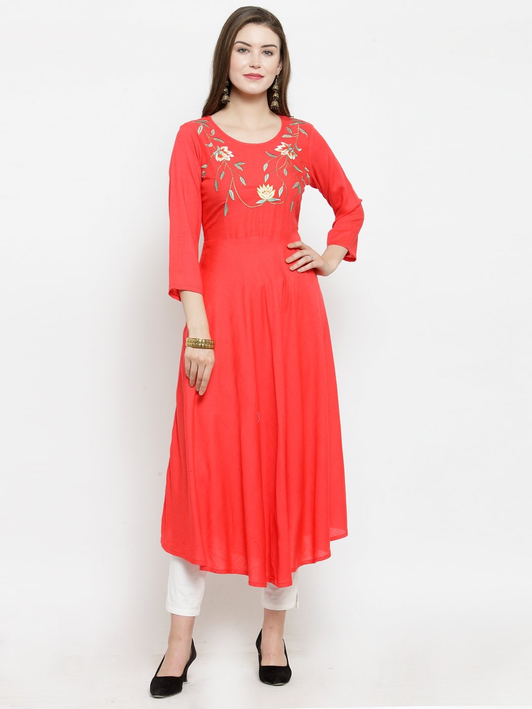 Jompers Women Peach embroidered Flaired Kurta - Distacart