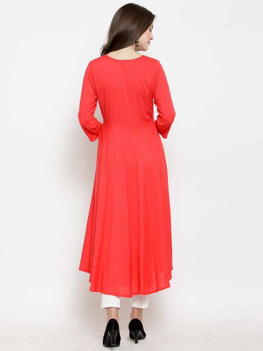 Jompers Women Peach embroidered Flaired Kurta - Distacart