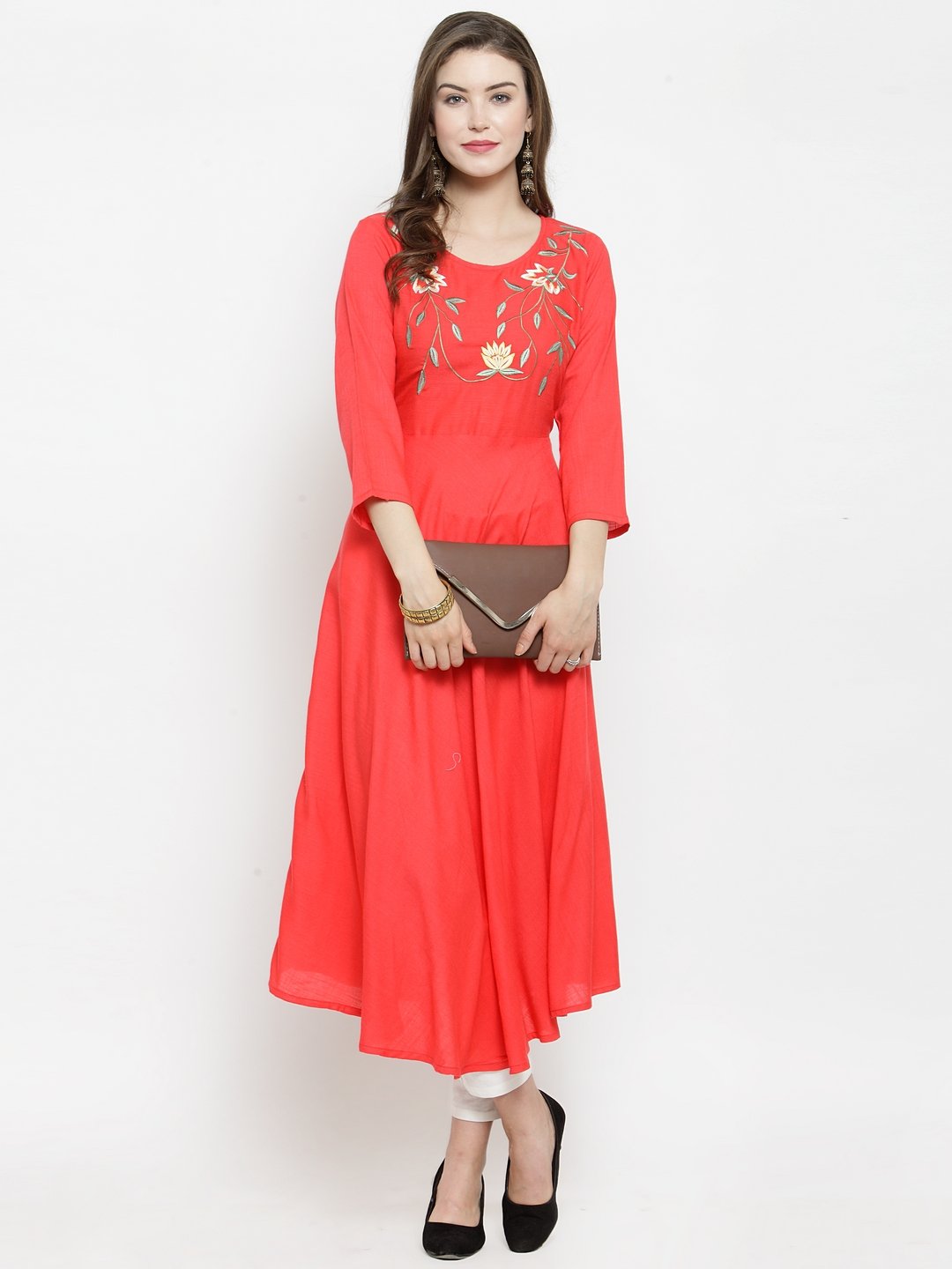 Jompers Women Peach embroidered Flaired Kurta - Distacart