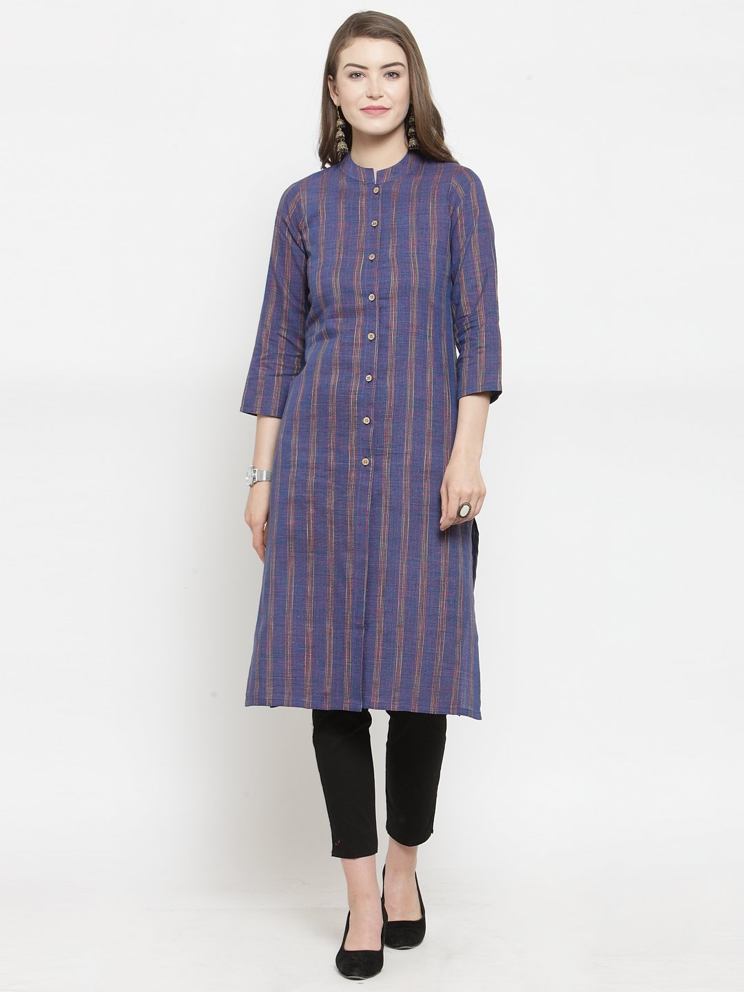 Jompers Women Blue Blue Striped Cotton-blend Straight Kurta - Distacart