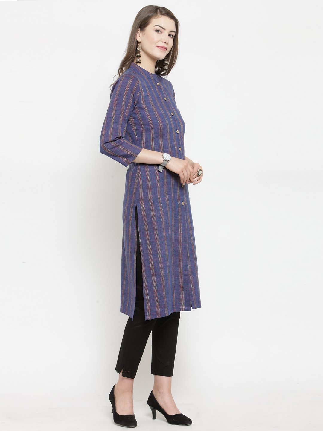Jompers Women Blue Blue Striped Cotton-blend Straight Kurta - Distacart
