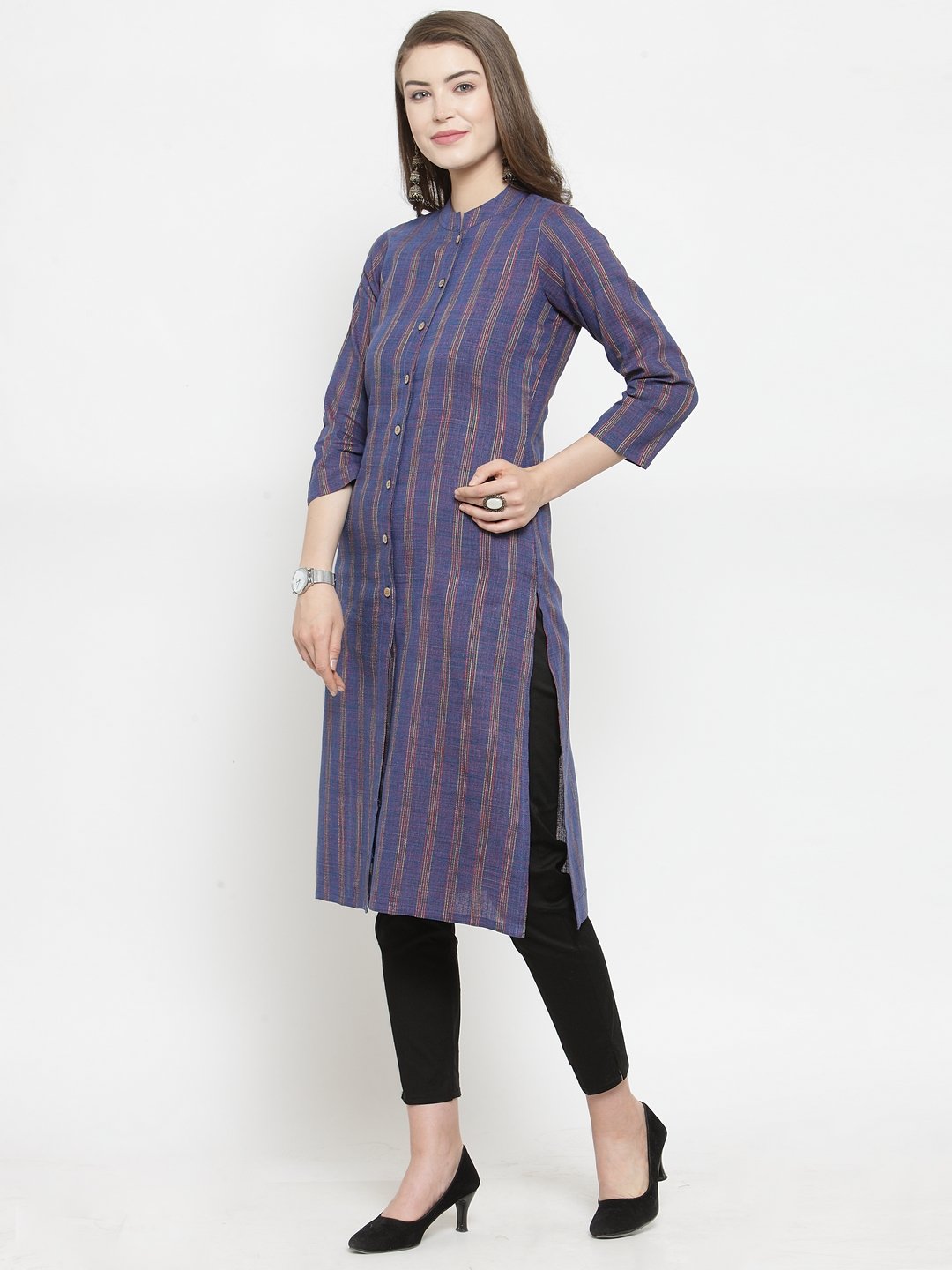 Jompers Women Blue Blue Striped Cotton-blend Straight Kurta - Distacart