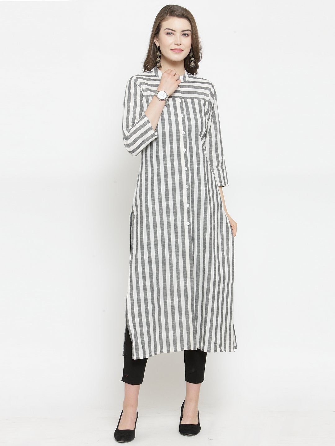 Jompers Women Grey & Off-White Striped Cotton Straight Kurta - Distacart