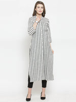 Thumbnail for Jompers Women Grey & Off-White Striped Cotton Straight Kurta - Distacart