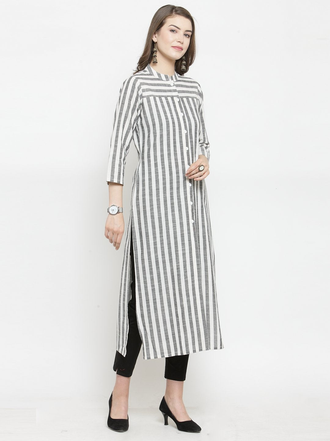 Jompers Women Grey & Off-White Striped Cotton Straight Kurta - Distacart
