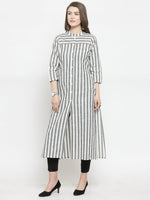 Thumbnail for Jompers Women Grey & Off-White Striped Cotton Straight Kurta - Distacart
