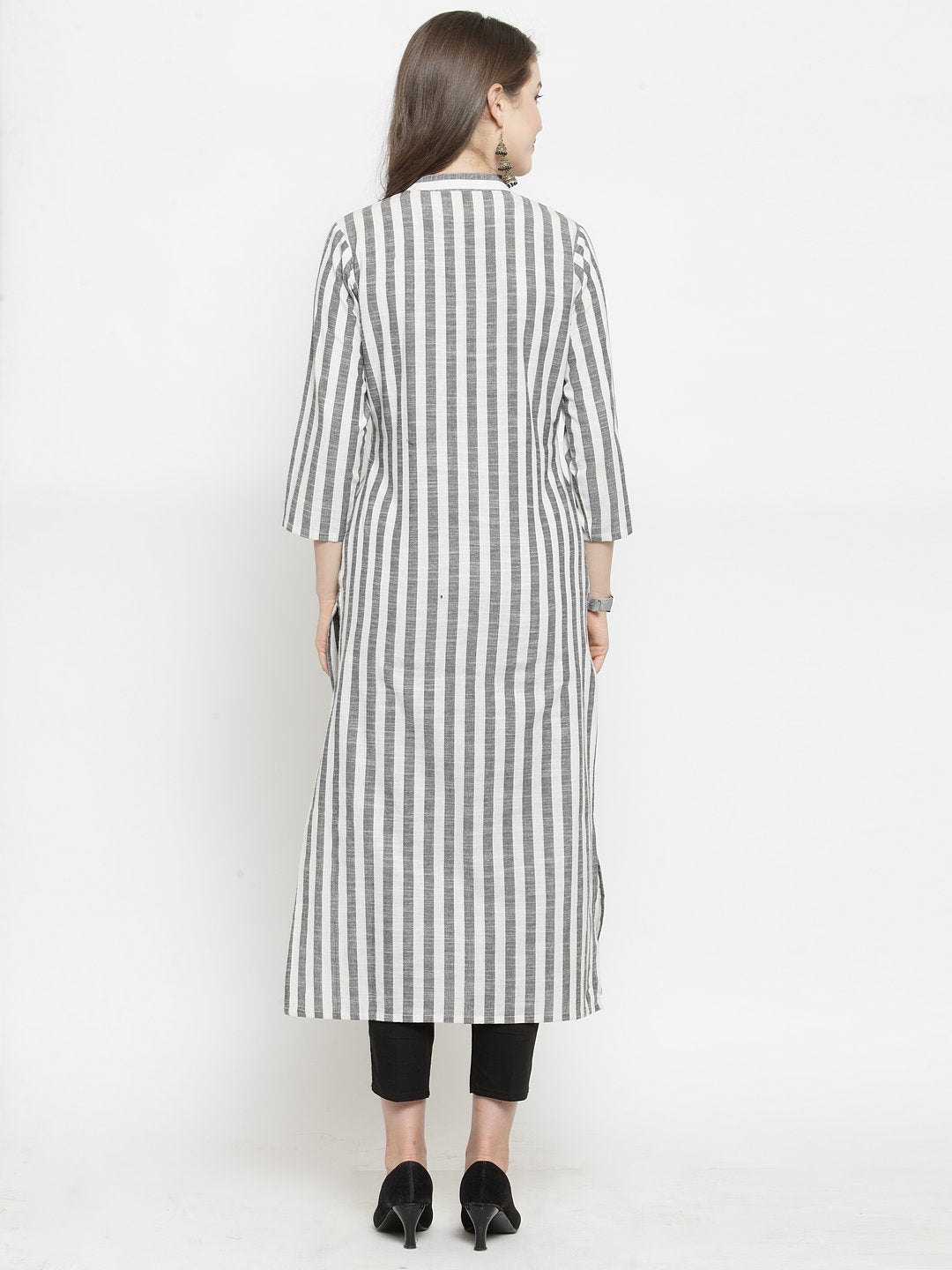 Jompers Women Grey & Off-White Striped Cotton Straight Kurta - Distacart