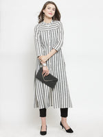 Thumbnail for Jompers Women Grey & Off-White Striped Cotton Straight Kurta - Distacart