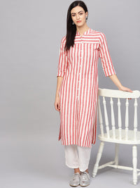 Thumbnail for Jompers Women Red & Off-White Striped Cotton Straight Kurta - Distacart