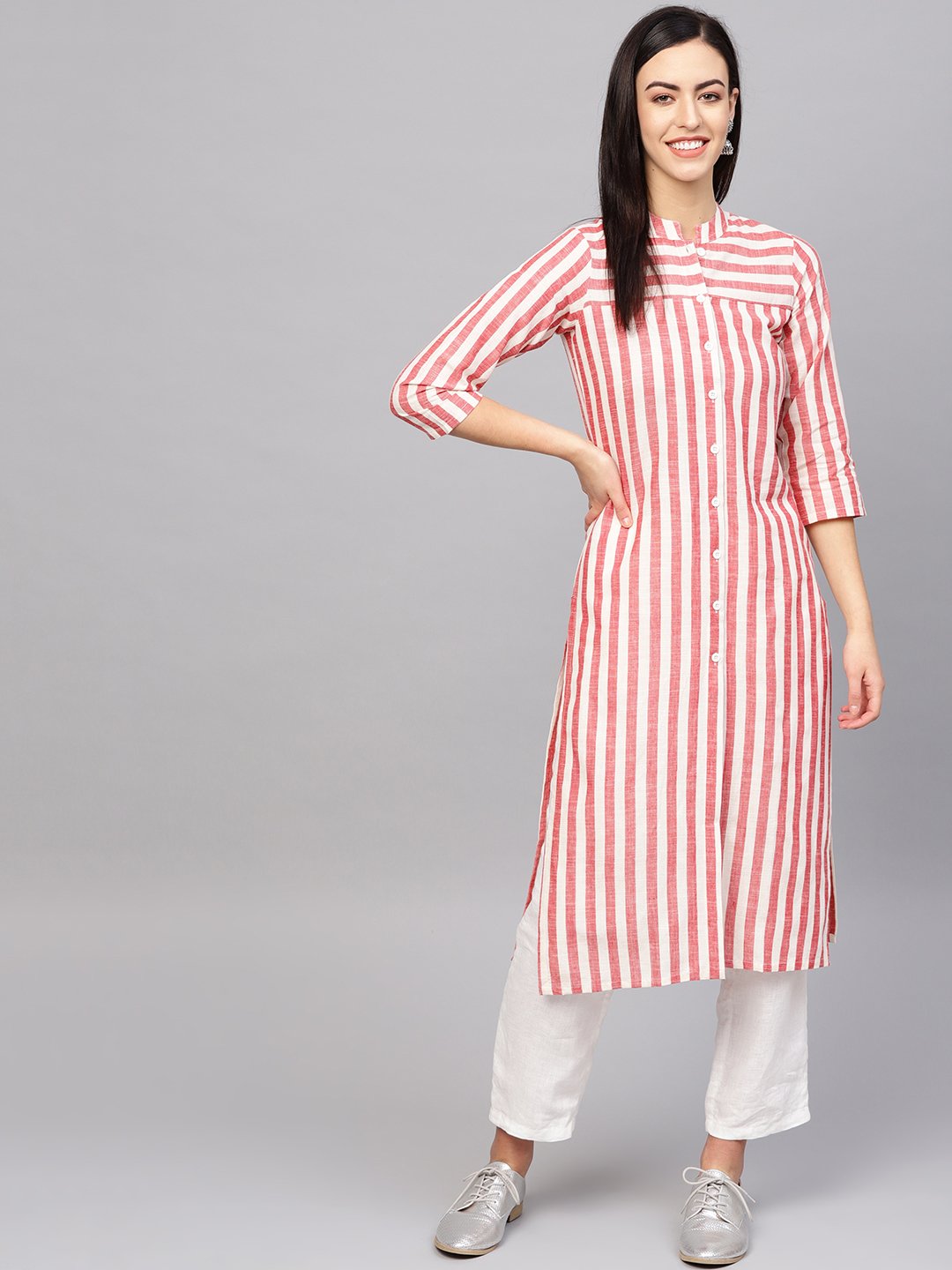 Jompers Women Red & Off-White Striped Cotton Straight Kurta - Distacart