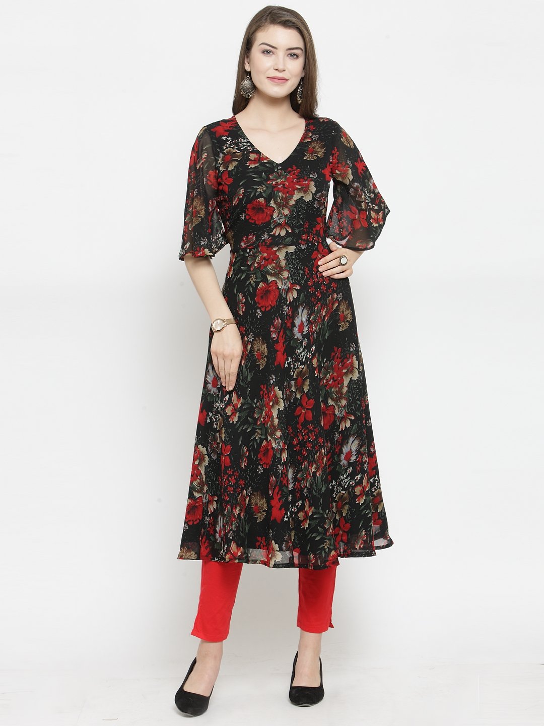 Jompers Women Black & Red Floral Printed Gorgette Flared Kurta - Distacart