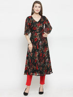 Thumbnail for Jompers Women Black & Red Floral Printed Gorgette Flared Kurta - Distacart