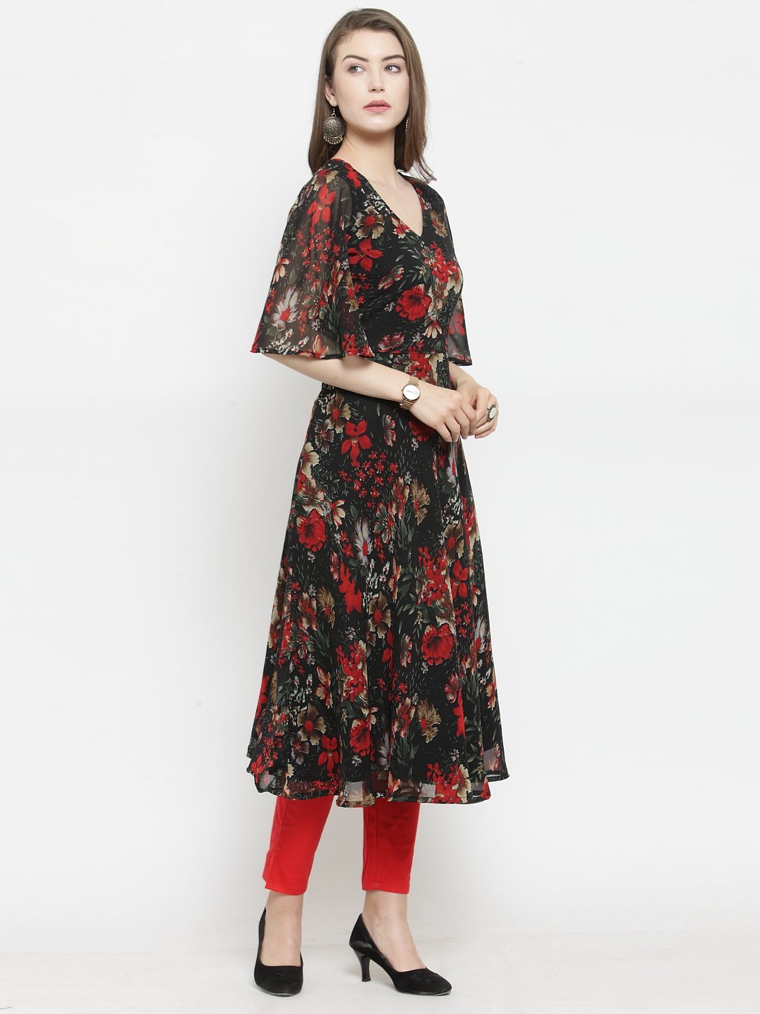 Jompers Women Black & Red Floral Printed Gorgette Flared Kurta - Distacart