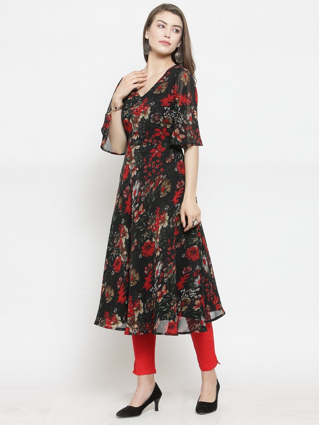 Jompers Women Black & Red Floral Printed Gorgette Flared Kurta - Distacart
