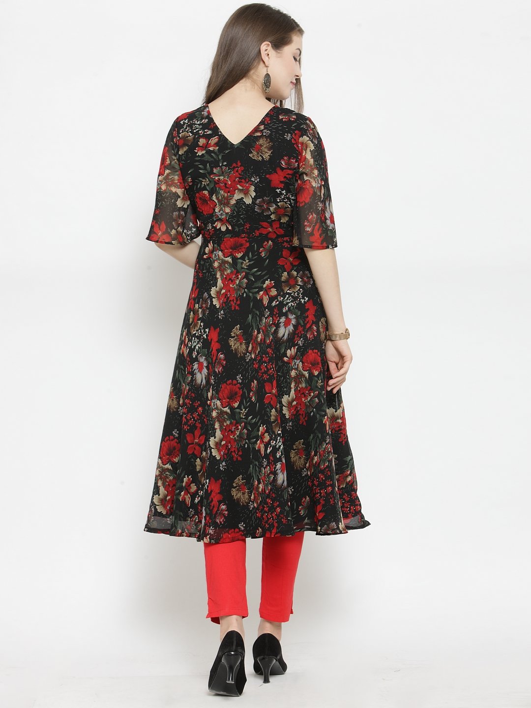 Jompers Women Black & Red Floral Printed Gorgette Flared Kurta - Distacart