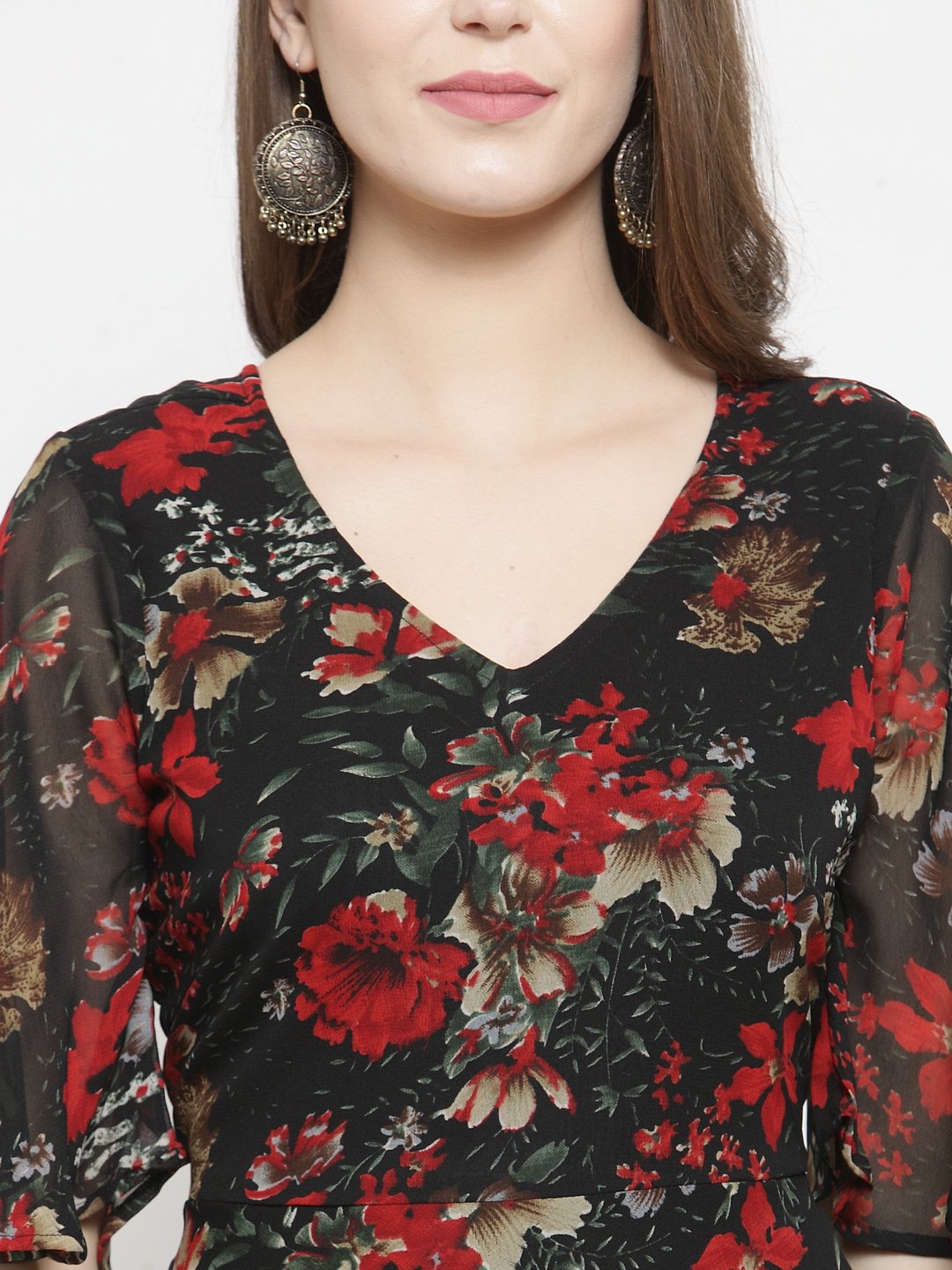 Jompers Women Black & Red Floral Printed Gorgette Flared Kurta - Distacart