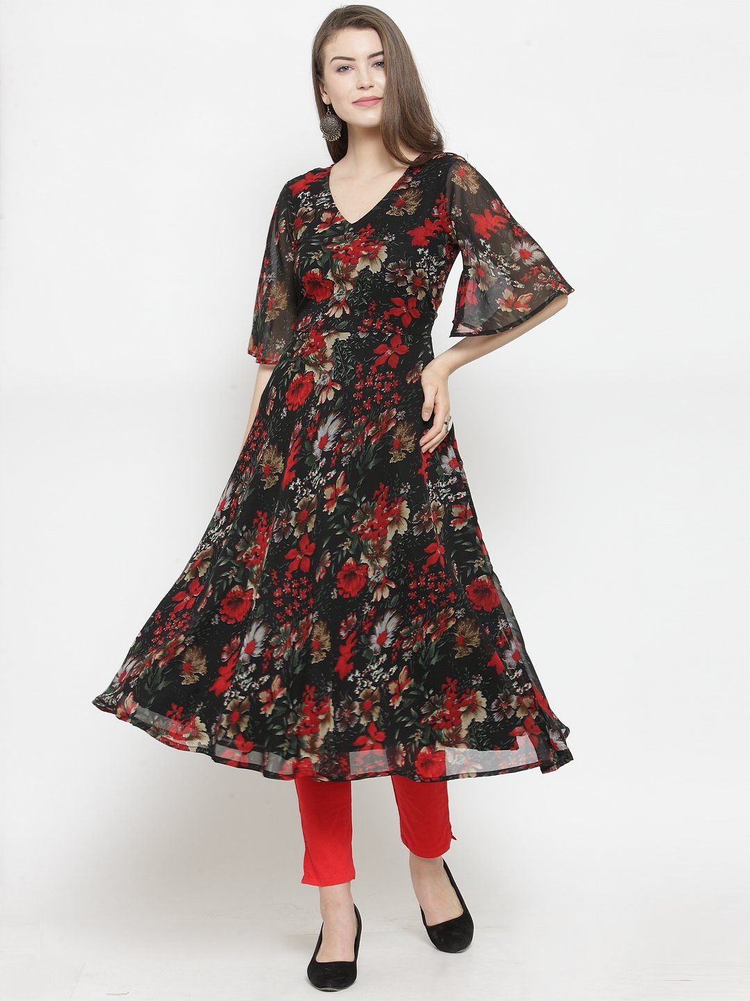 Jompers Women Black & Red Floral Printed Gorgette Flared Kurta - Distacart