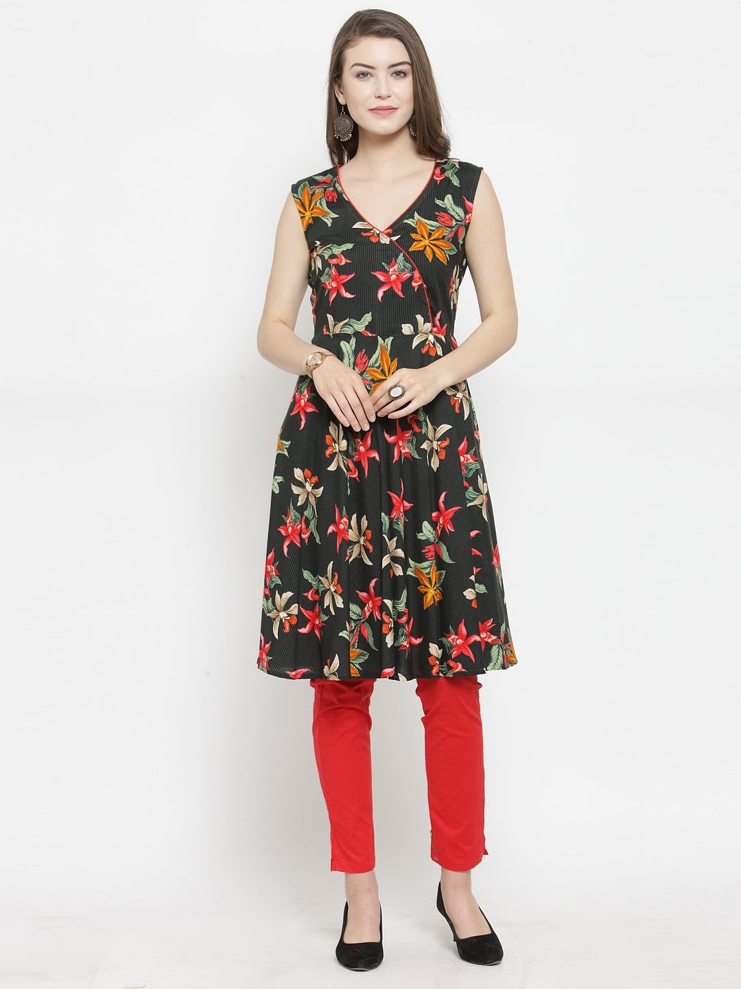 Jompers Women Black & Red Floral Printed Rayon A-Line Kurta - Distacart