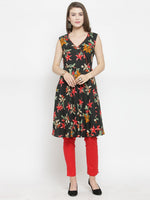 Thumbnail for Jompers Women Black & Red Floral Printed Rayon A-Line Kurta - Distacart