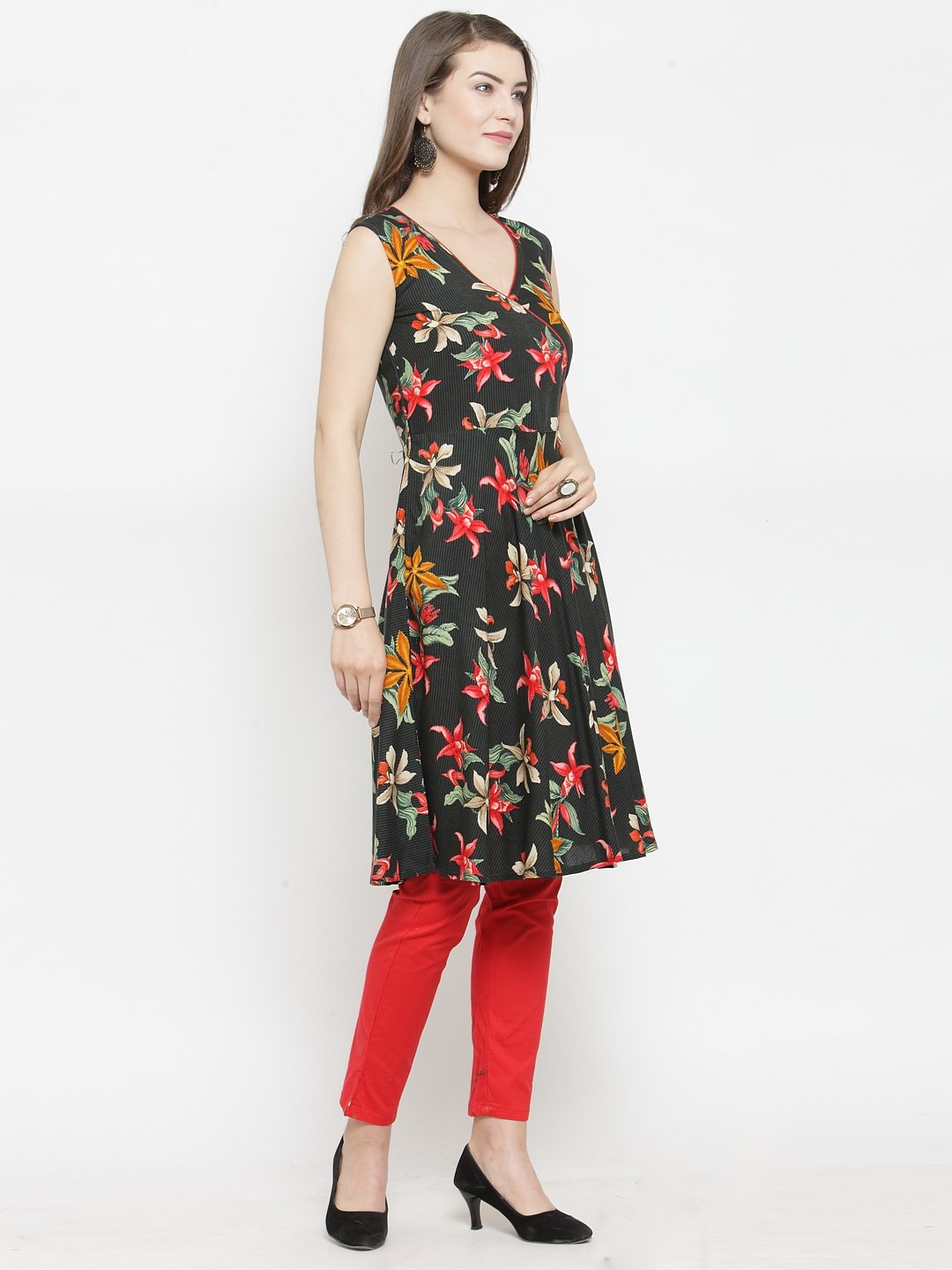 Jompers Women Black & Red Floral Printed Rayon A-Line Kurta - Distacart