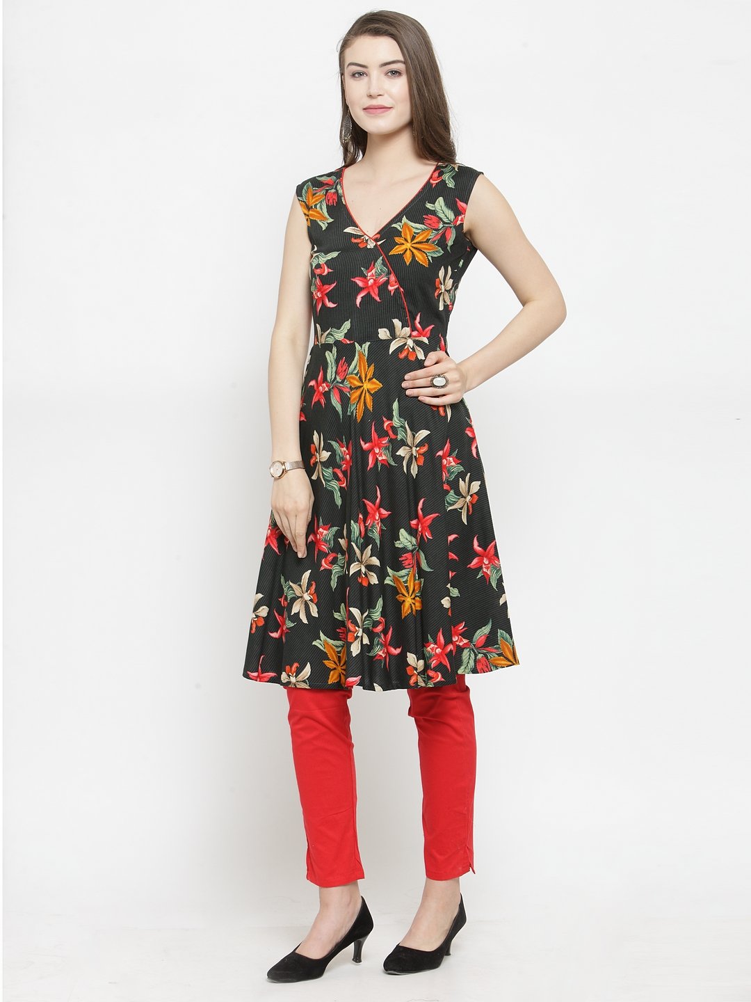 Jompers Women Black & Red Floral Printed Rayon A-Line Kurta - Distacart