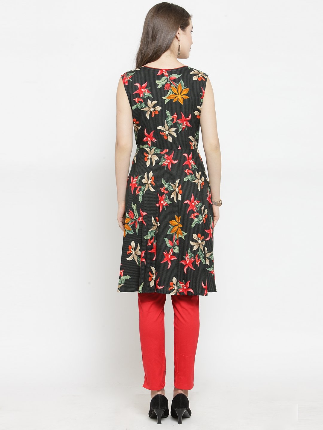 Jompers Women Black & Red Floral Printed Rayon A-Line Kurta - Distacart