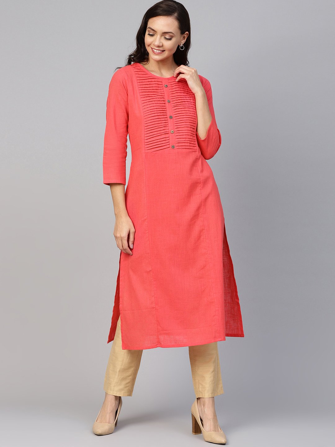 Jompers Women Peach Cotton Straight Kurta with Pintucks - Distacart