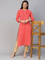 Thumbnail for Jompers Women Peach Cotton Straight Kurta with Pintucks - Distacart