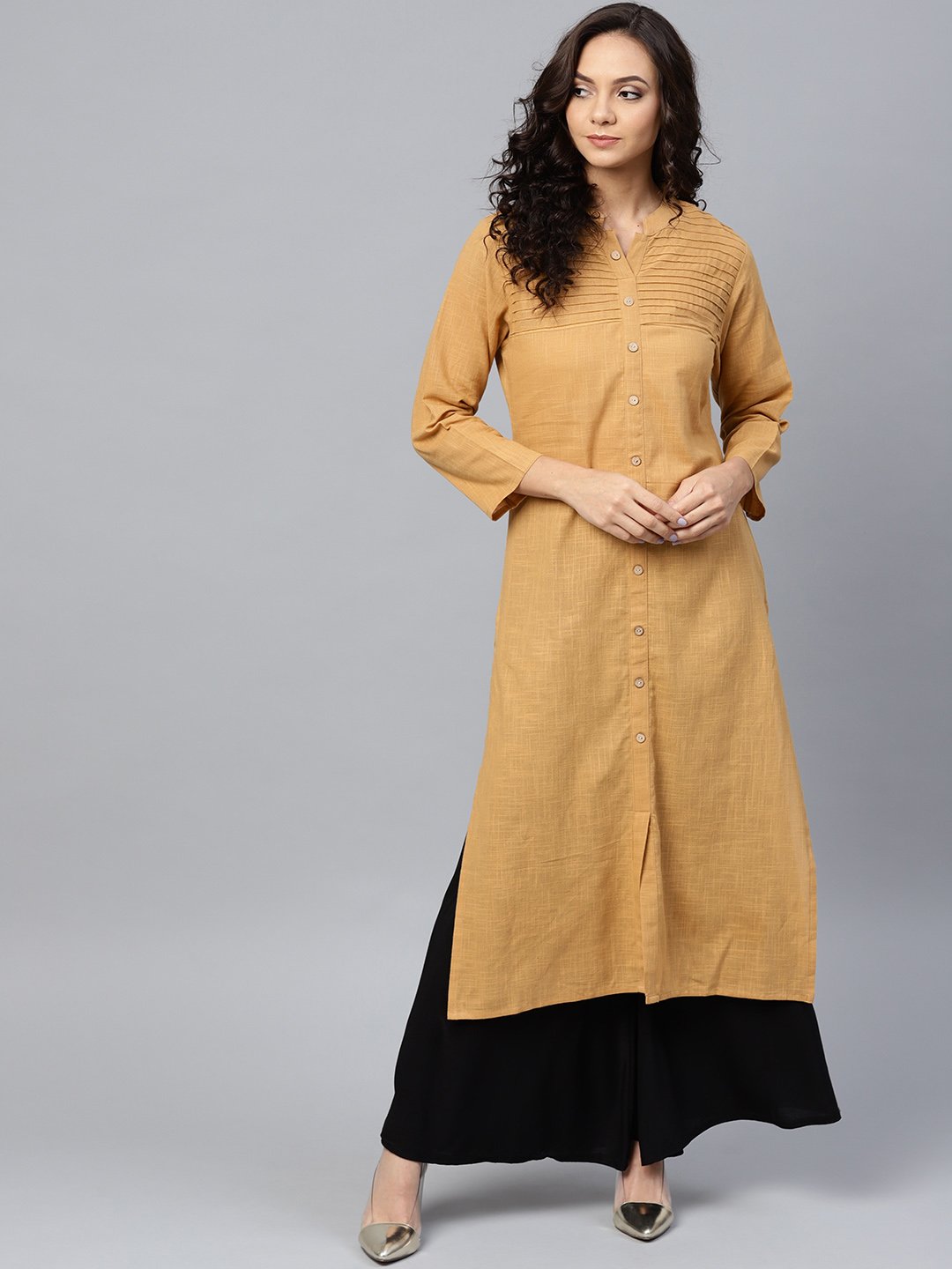 Jompers Women Beige Cotton Straight Kurta with Pintucks - Distacart