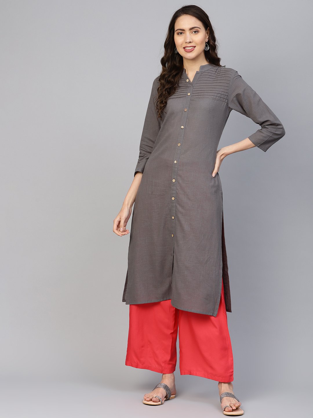 Jompers Women Grey Cotton Straight Kurta with Pintucks - Distacart