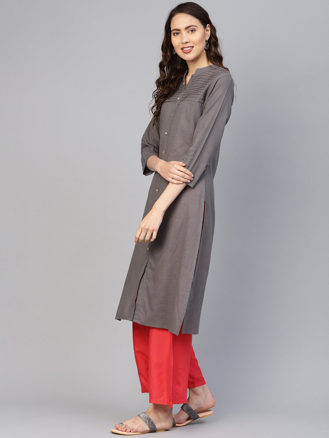 Jompers Women Grey Cotton Straight Kurta with Pintucks - Distacart