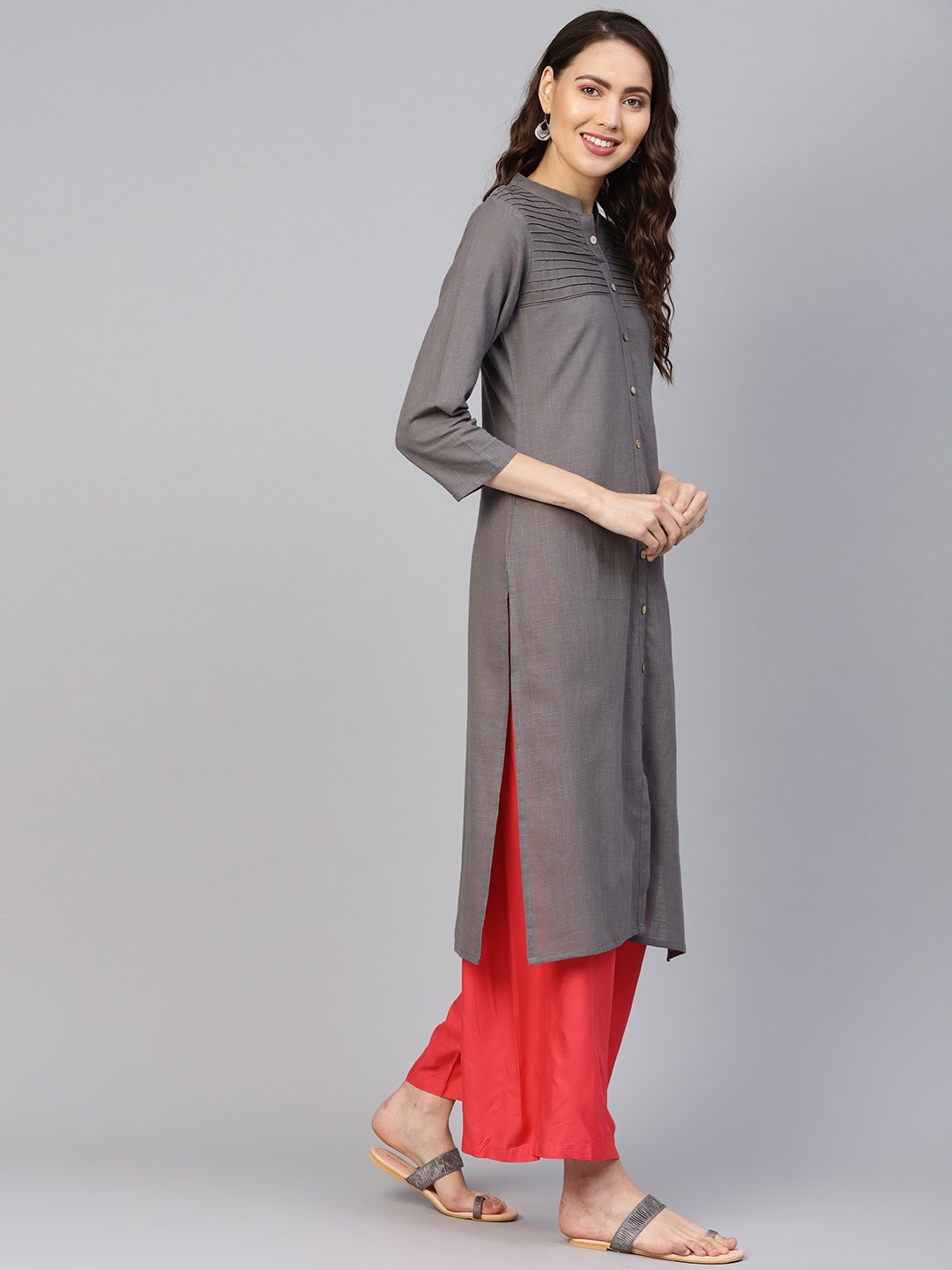 Jompers Women Grey Cotton Straight Kurta with Pintucks - Distacart