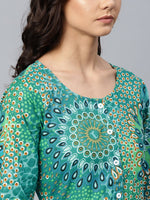 Thumbnail for Jompers Women Green & White Printed Flared Kurta - Distacart