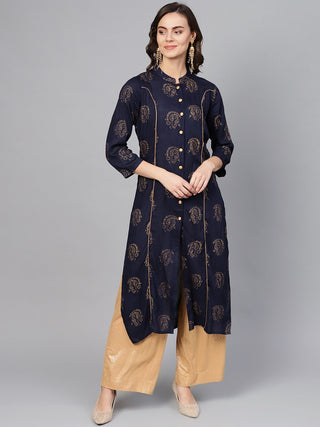 Jompers Women Navy Blue & Golden Printed Straight Kurta - Distacart