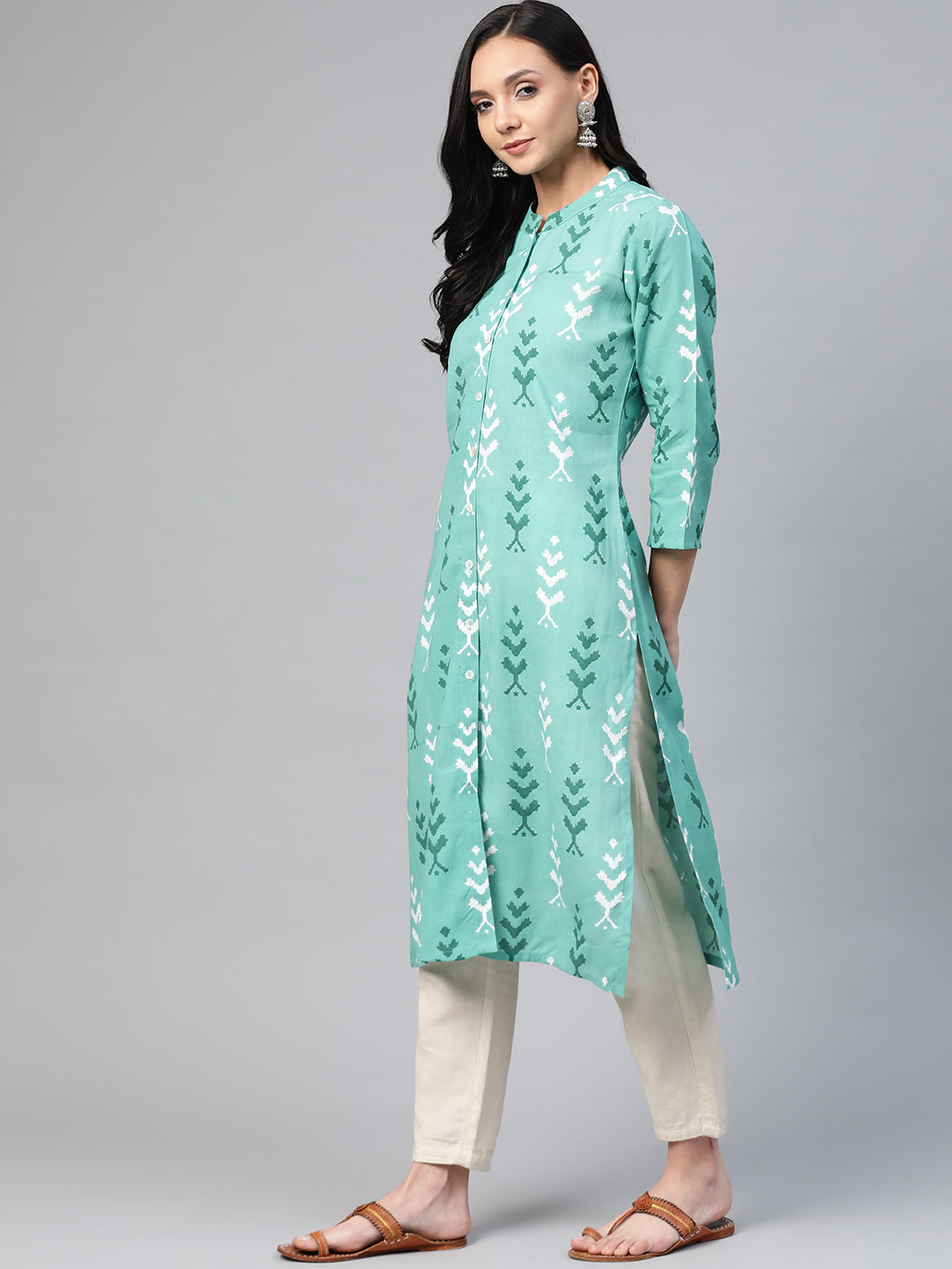 Jompers Women Green & White Ikkat Print Straight Kurta - Distacart