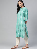 Thumbnail for Jompers Women Green & White Ikkat Print Straight Kurta - Distacart