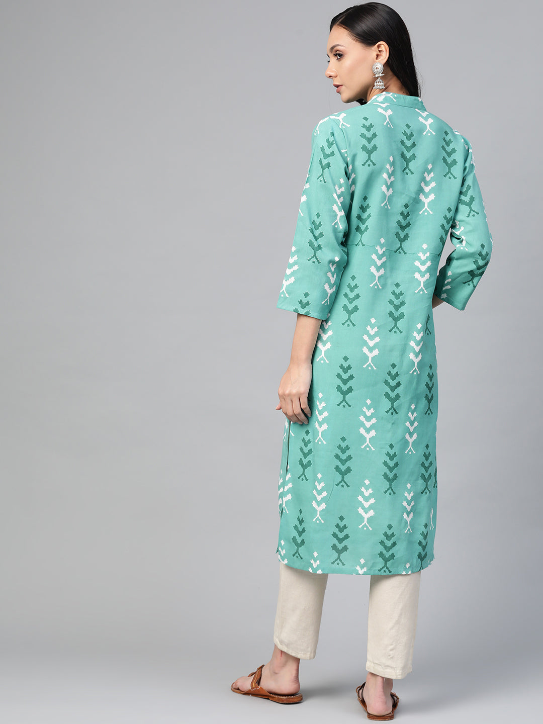 Jompers Women Green & White Ikkat Print Straight Kurta - Distacart