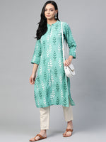 Thumbnail for Jompers Women Green & White Ikkat Print Straight Kurta - Distacart