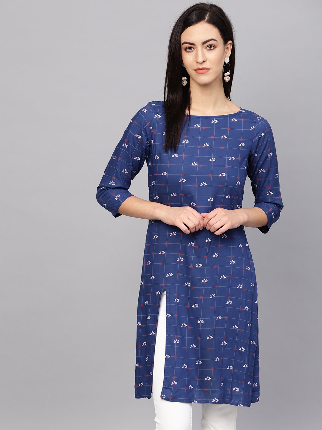 Jompers Women Blue & Off-White Checked Straight Kurta - Distacart