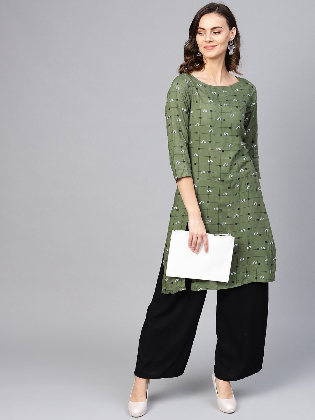 Jompers Women Olive Green & Off-White Checked Straight Kurta - Distacart