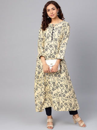 Jompers Women Cream-Coloured & Navy Blue Printed A-Line Kurta - Distacart