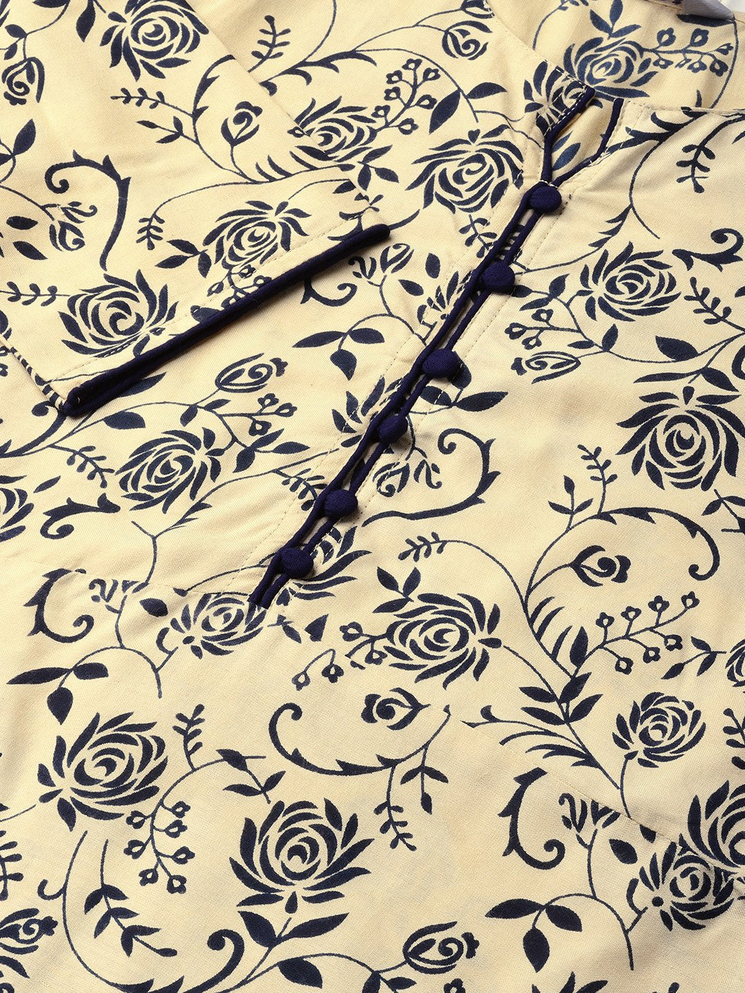 Jompers Women Cream-Coloured & Navy Blue Printed A-Line Kurta - Distacart
