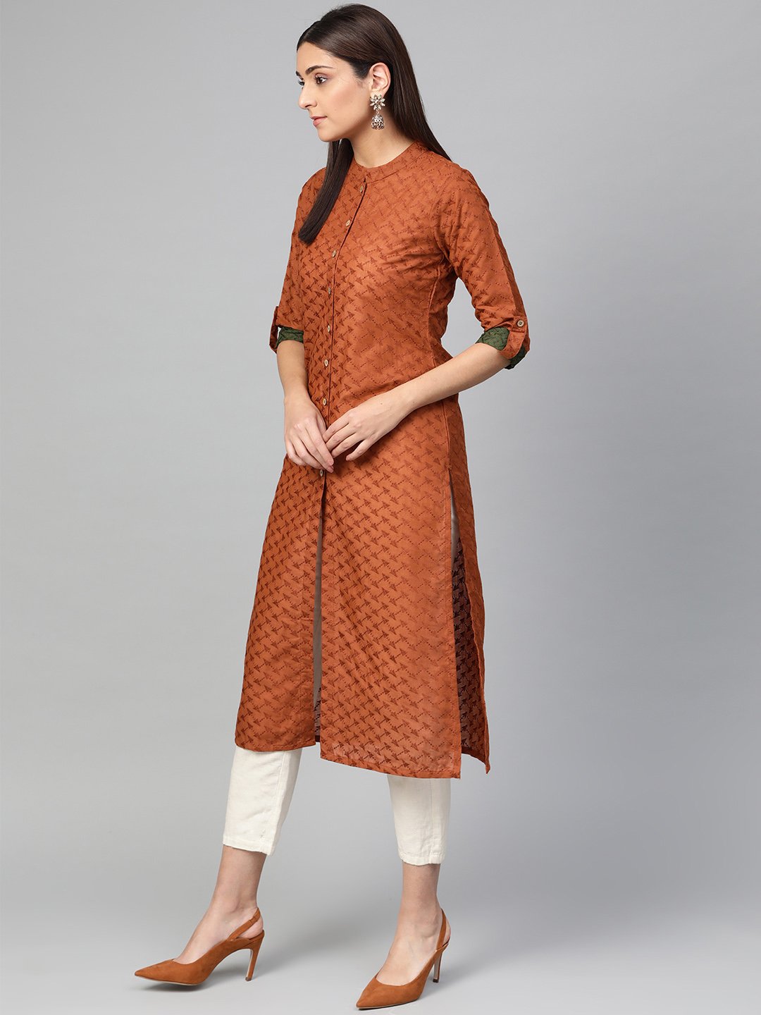 Jompers Women Rust Brown Embroidered Straight Kurta - Distacart